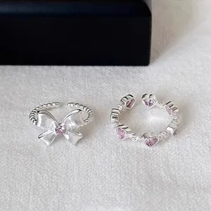 Anillo Abierto de Plata de Ley 925 Con Lazo y Corazón de Strass Rosa para Mujer Joyería Ajustable Estilo Coreano Dulce