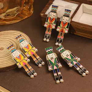 Colorful enamel Nutcracker soldier earrings with elegant pearls and sparkling rhinestones