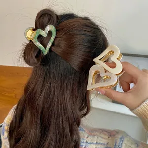 Korean Vintage Heart Hair Claw Clip For Women Marble Pattern Large Shark Clip Retro Elegant Nonslip Hair Jaw Catch Accessory