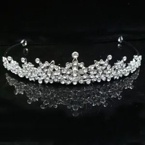 Elegant Korean style silver crown headband with clear rhinestones for brides or girls.