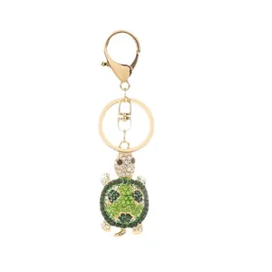 Exquisite green rhinestone turtle keychain with golden metal ring for bag charms and gifts