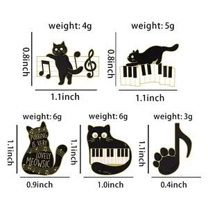 Detailed size and weight chart for black cat and music themed enamel pins