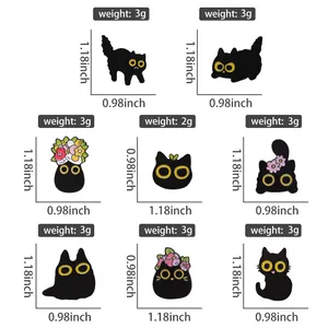 Detailed set of black cat enamel pins with floral accents and size specifications