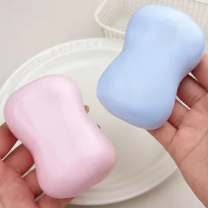 Detail view of soap shaped squishy stress relief toy in pink and blue colors