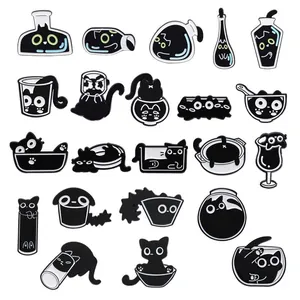 Creative set of 22 black cat enamel pins featuring cute cats in various containers