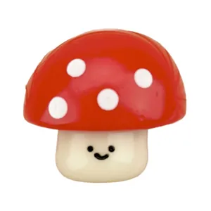 Adorable red and white polka dot mushroom squishy toy with a cute smiley face for stress relief