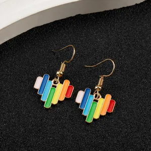 Vibrant rainbow heart-shaped enamel drop earrings with gold-tone alloy hooks for women