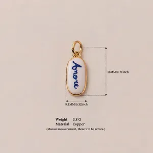 Detailed oval copper pendant featuring Amore script lettering with size and weight specs