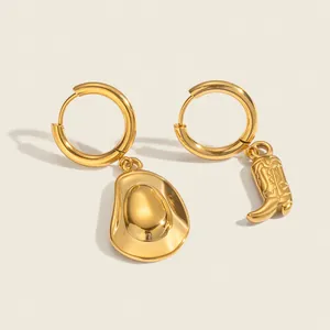 18K Gold Plated Stainless Steel Western Cowboy Asymmetric Earrings For Women Cowboy Hat And Boot Pendant Hoop Earrings Fashion Jewelry