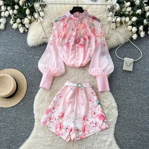 Damen Palast-Stil Blumenmuster Top Und Bottom Laternenärmel Stehkragen Hemd High Waist Shorts Mode Zweiteiler Set