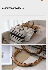 Detalle del bolso tote tejido a mano con asas de bambú y estampado de rayas.