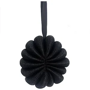 Premium large 50g black shower loofah ball with a durable hanging ribbon for daily bath.