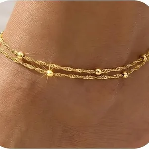 Mode Messing Gold Überzogene Doppel Schicht Fußkettchen Für Damen Strand Urlaub Welle Perle Kette Einstellbar Fuß Schmuck Zubehör