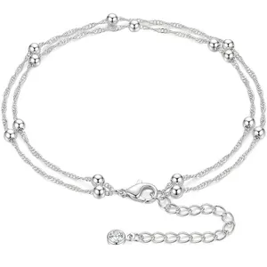 Elegantes silbernes doppelschichtiges Fußkettchen mit Perlen und verstellbarer Kette