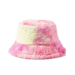Χαριτωμένο ροζ και κίτρινο tie-dye βελούδινο καπέλο bucket για γυναίκες από γούνα