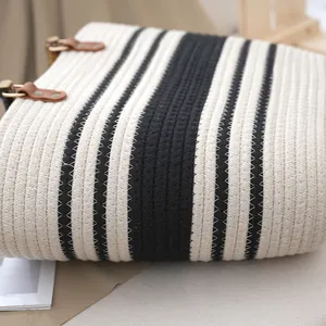 Bolso tote de cuerda de algodón tejido a mano con rayas, ideal para la playa y moda diaria