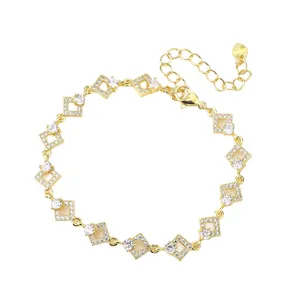 Elegant 18K gold plated bracelet featuring micro-pave crystal geometric diamond shaped links