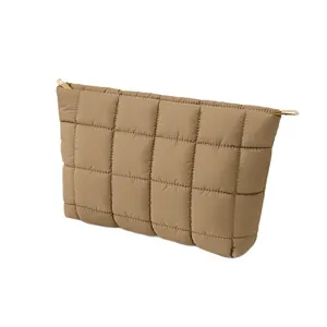 Borsa da trucco trapuntata cachi pochette cosmetica grande capacità