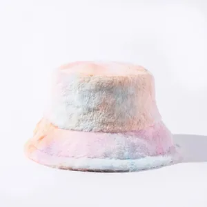 Colorful tie-dye faux fur plush bucket hat for women in soft pastel candy colors.