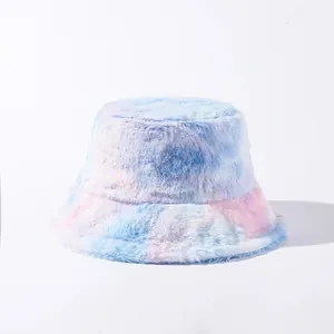 Soft pastel pink and blue tie-dye plush bucket hat for a cozy and trendy winter style