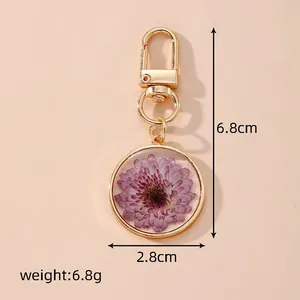 Detail view of dried flower resin keychain with 6.8cm length and 2.8cm diameter