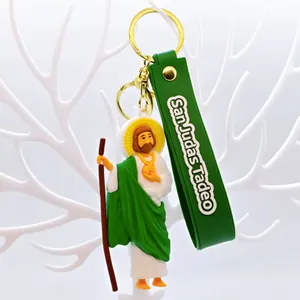 Detailed close-up view of Saint Jude Thaddeus cartoon silicone keychain with green strap
