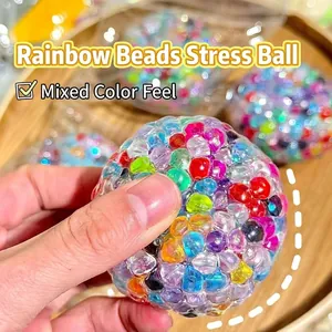 Rainbow Squishy Stress Relief Toy Clear Ball with Colorful Internal Beads Sensory Squeeze Fidget Ball for Adults and Kids