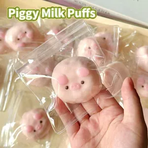 Close-up of a cute pink piggy silicone squishy toy in clear plastic zip packaging