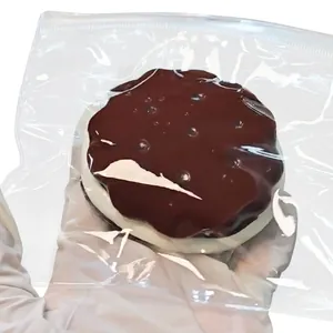 Close-up of realistic chocolate sandwich cookie squishy toy inside clear plastic packaging