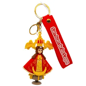 Religious cartoon character keychain featuring San Juan de los Lagos red silicone strap