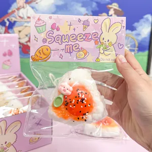 Detailed macro view of an onigiri squishy toy with a slow-rebound texture and cute card