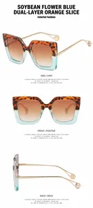 Detailansichten der übergroßen quadratischen Brille für Damen in Leopard und Blau mit Perlen.