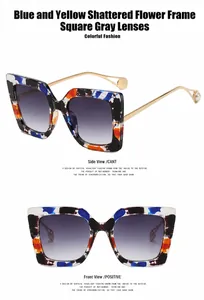 Detailansicht der Vorder- und Seitenansicht der übergroßen Damenbrille mit Blumenmuster.