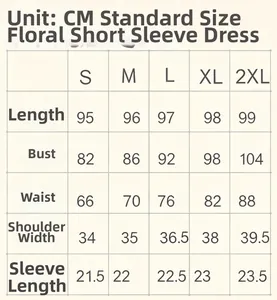 Detaillierte Größentabelle für Blumenkleid mit V-Ausschnitt in CM, Größen S bis 2XL.