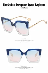 Detaillierte Vorder- und Seitenansicht der übergroßen quadratischen Damenbrille mit Blauverlauf