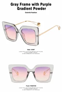 Detailansicht der grauen quadratischen Sonnenbrille mit lila-rosa Verlauf und Perlenspitzen.