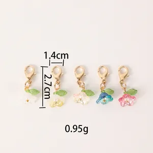 Set of five colorful plastic flower charms with lobster clasps, 2.7cm height, for DIY bags