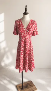 Rotes geblümtes V-Ausschnitt Kleid auf einer Schaufensterpuppe in einer Lagerumgebung.