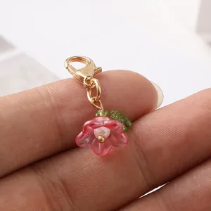 Elegant pink plastic flower pendant charm for bags and keychains with gold clasp