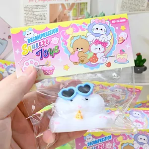 Detail van een schattig hamster-knijpspeeltje met blauwe hartvormige zonnebril in zak