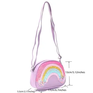 Paarse mini schoudertas voor kinderen met regenboog en glitters inclusief afmetingen