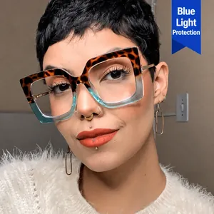 Damen Mode Oversize Quadratisch Anti-Blaulicht Brillenfassung PC Rahmen Metallbügel Optische Brillen Leichtgewicht Dekorative Brillen