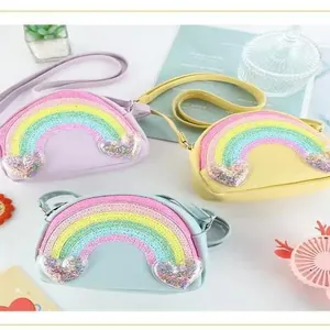 Kinder Mini Crossbody Tas Schattige Regenboog Hart Pailletten Schoudertas PU Leer Verstelbare Riem Kleine Reisportemonnee Voor Meisjes