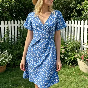 Sommerliches Blumenkleid mit V-Ausschnitt und kurzen Ärmeln in einem sonnigen Garten