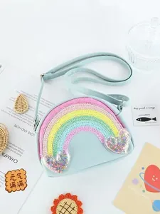 Leuke lichtblauwe mini schoudertas voor kinderen met glitter regenboog en harten