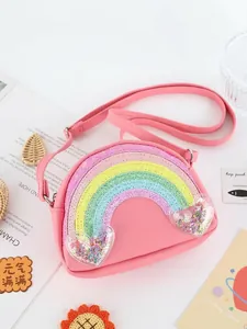 Bolso bandolera rosa para niños con purpurina de arcoíris y bolsillos de corazón de lentejuelas