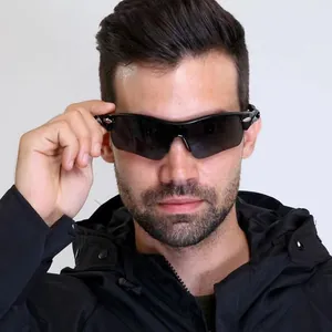 Close-up detail of polarized sports sunglasses for outdoor cycling with wrap-around frame