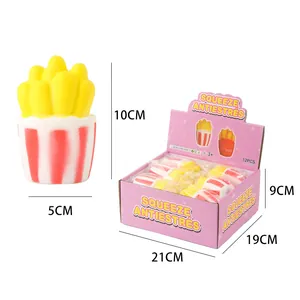 Detailed dimensions of French fries stress relief squishy toy set in a display box