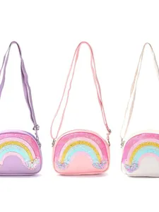 Schattige glitter regenboog schoudertassen voor kinderen in roze, paars en wit PU leer