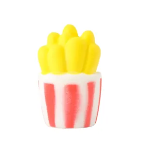 Detailed view of simulated french fries squishy toy with red and white container